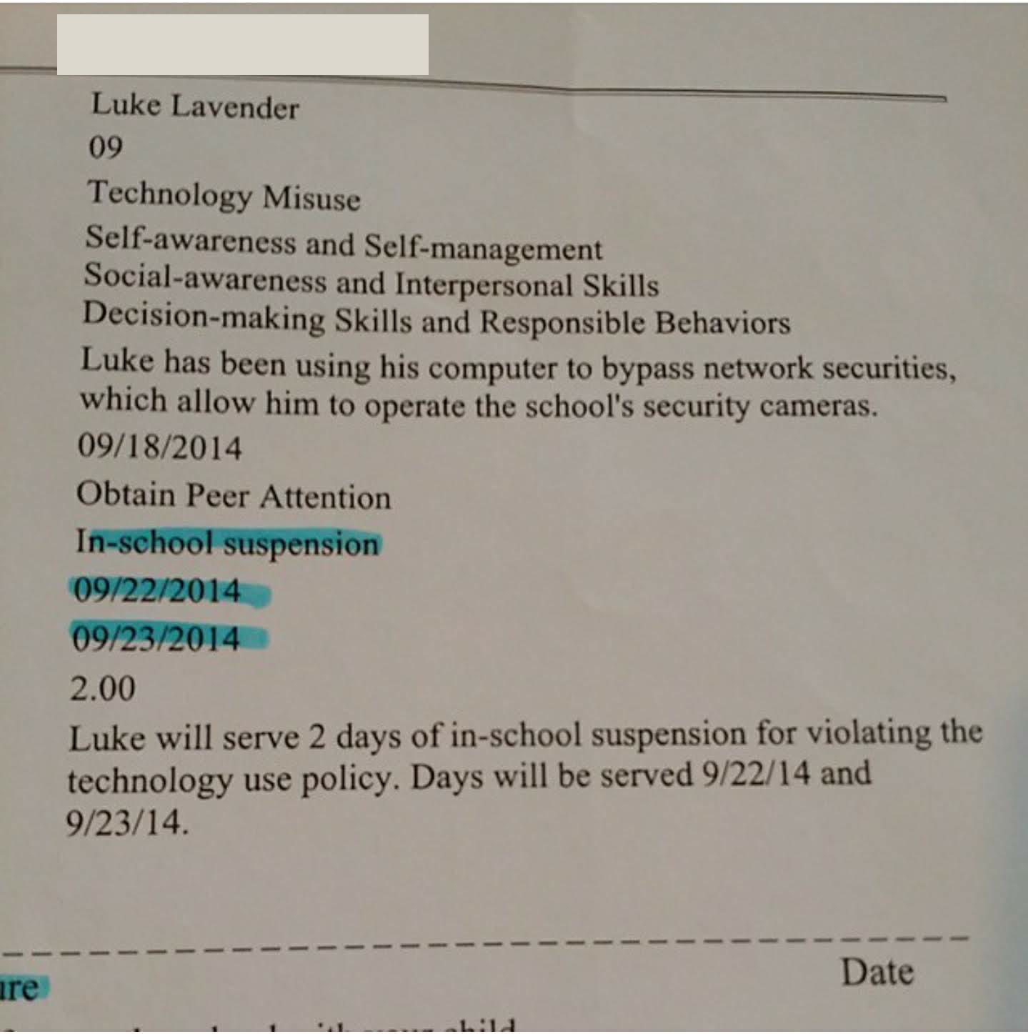 Buffalo High School technology misuse and in-school suspension document with staff member name redacted