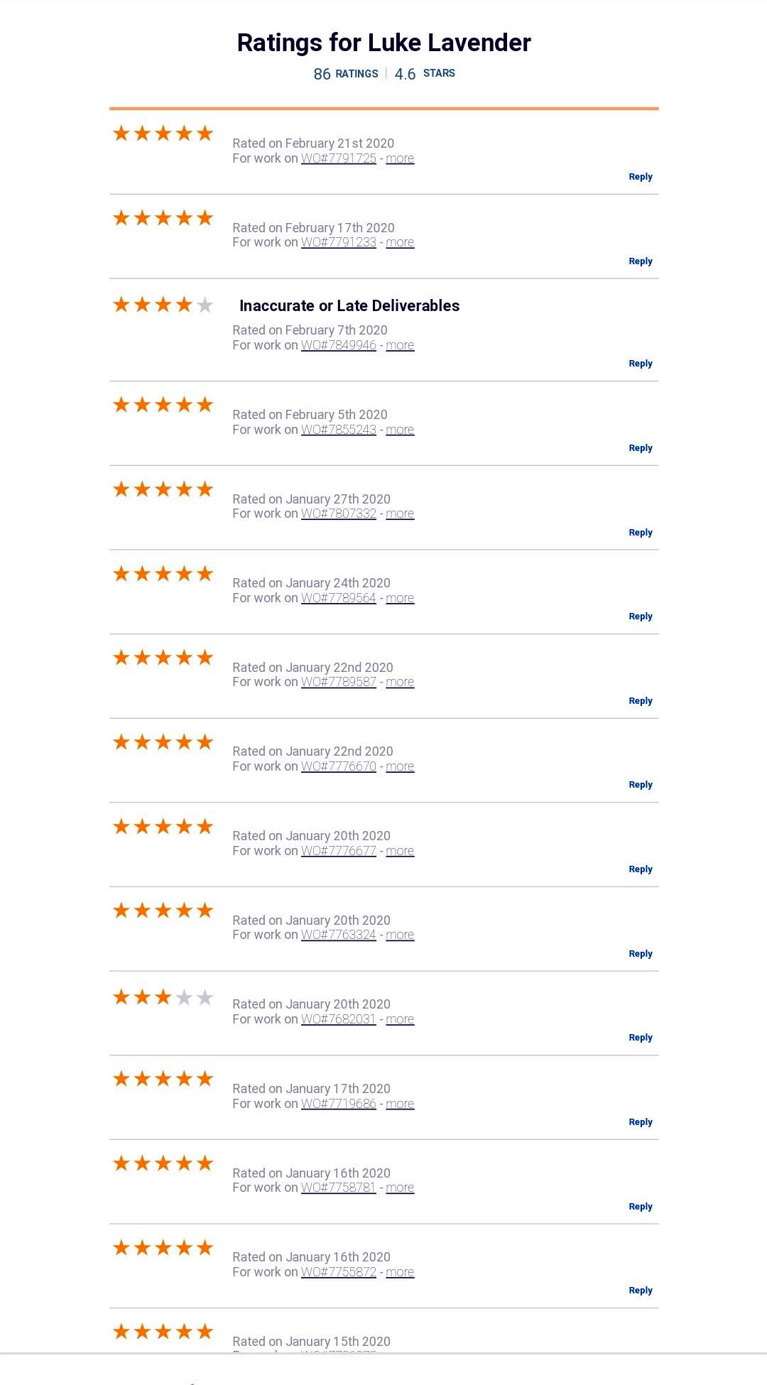 Field Nation ratings screenshot for Luke Lavender showing 86 ratings, 4.6 stars, rating dates, and work-order references