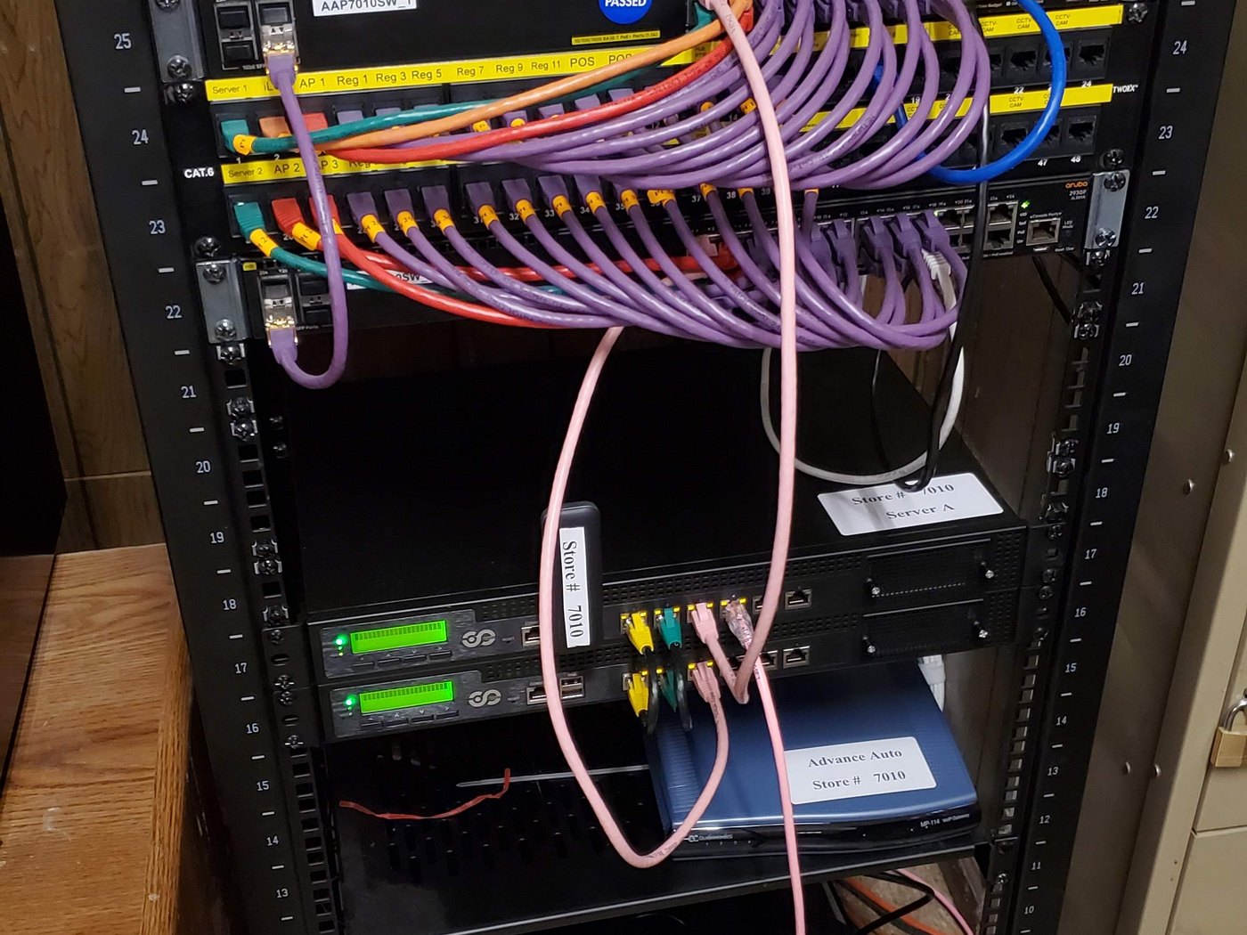 Close-up of structured cabling and network rack work